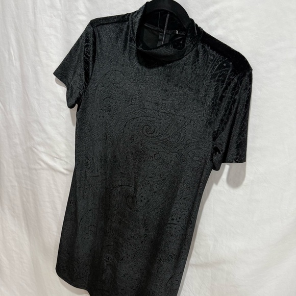 Black Velvet Burnout L/XL Paisley Mini Dress Mock Neck Short Sleeve Bodycon Y2K - Picture 3 of 15